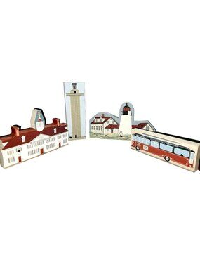 Women Light Keepers Series of 5 Small Wood Art Buildings and Trolley Cat's Meow